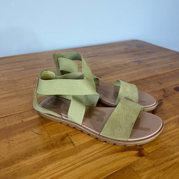 Sorel Ella II Green Suede Leather Criss Cross Elastic Flat Sandals Size 6 - Picture 2 of 6